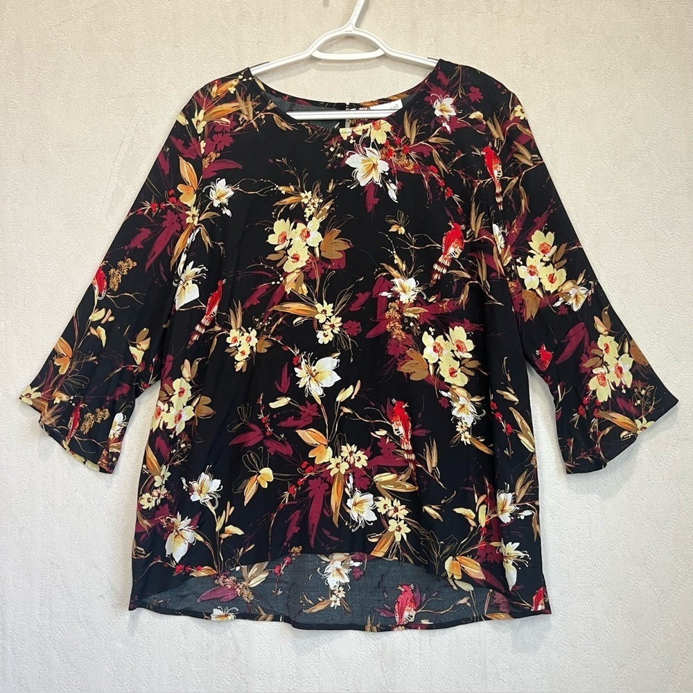 J. Jill Dark Floral Bird Tropical Blouse Sz L 3/4 Flare Sleeves Black Moody